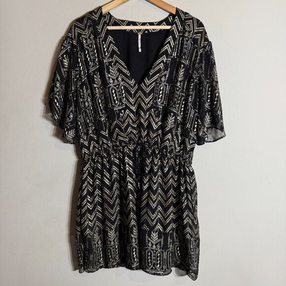 Free People Love Your Chaos Mini Dress Womens Medium Black Gold Drop Waist Tunic - Picture 6 of 15